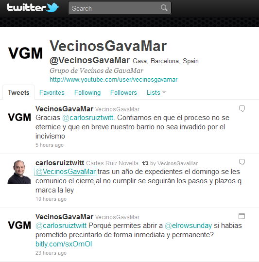 Resposta de l'alcalde de Viladecans (Carles Ru�z) v�a twitter a los vecinos de Gav� Mar que le preguntan por lo que har� para evitar que el afterhour ubicado en el litoral de Viladecans siga abriendo (2 Noviembre 2011)